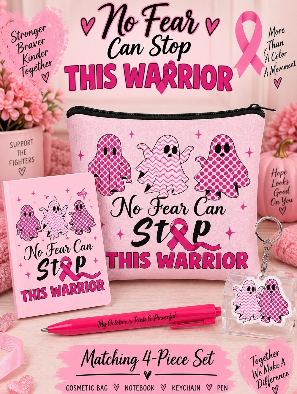 Pink "No Fear Can Stop This Warrior" Kids Cosmetic Bag & Accessory Set